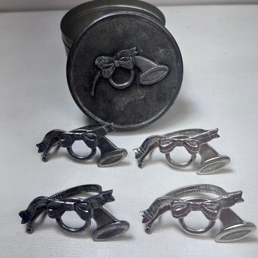 Vintage 1986 MET Pewter Napkin Rings Set of 4 French Horn Bow with Tin Silver